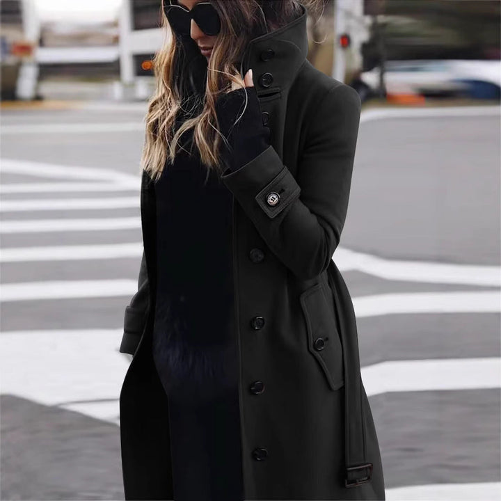 Dam lång skärning trenchcoat med hög ståkrage, knappslå och midjebälte look