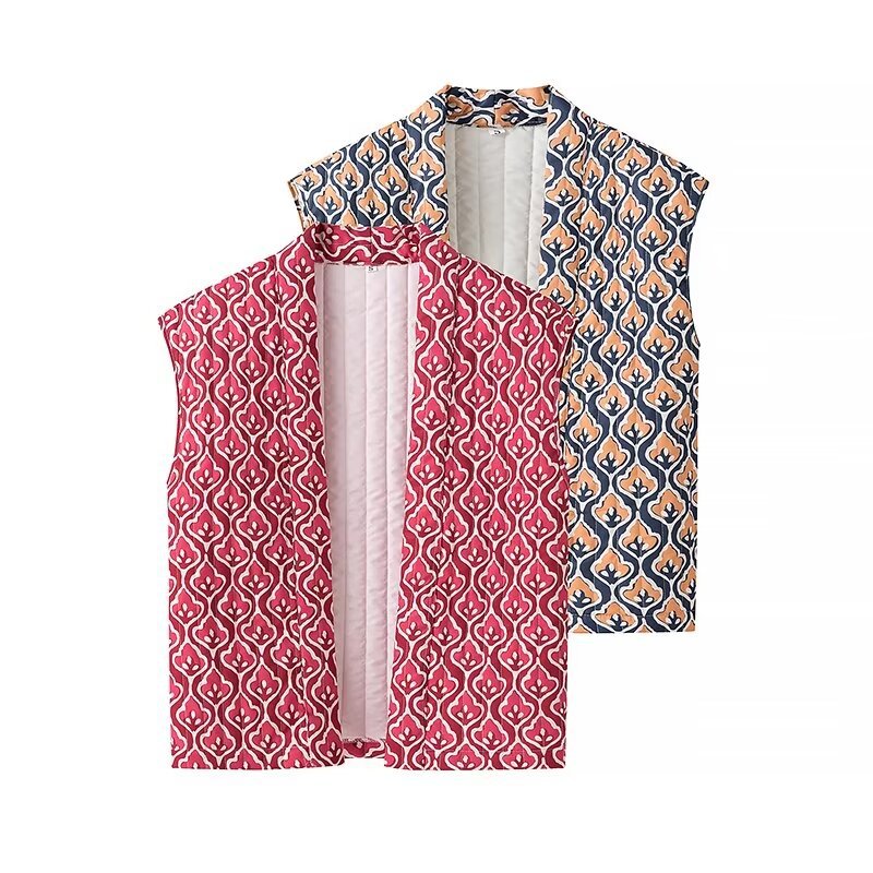 Dam non-quiltad sleeveless väst med open kimono front och decorative alla-över mönster