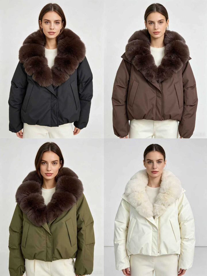 Dam nan kort thermal kviltad jacka med voluminous removable faux fur krage och skräddad fåll