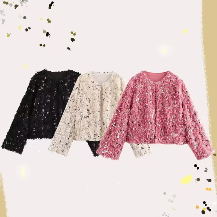 Dam Kort Jacka Gjord av Fluffy Konstpäls med Sequin Kant