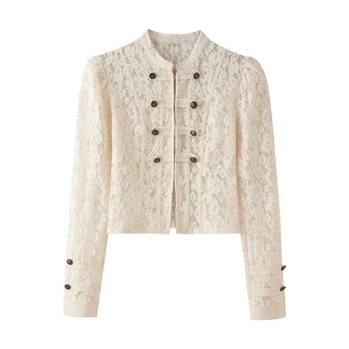 Dam Kort Lace Blazer med Stå Krage, Dekorativ Frog Closures och Puff Ärmar