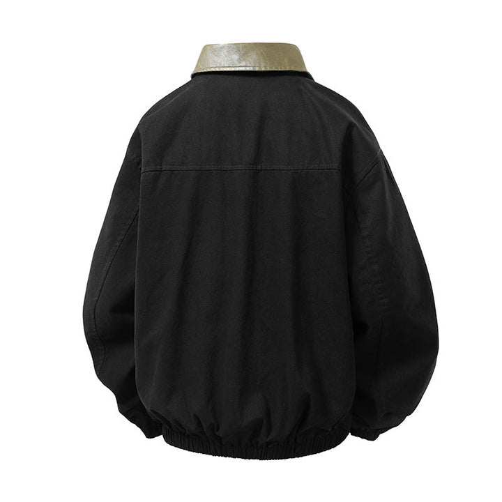 Herr Boxig Coach Jacka i Minimalistisk Layering Stil med Kontrast Läderimitation Krage, Tryckknappsstängning &amp; Elastisk Fåll