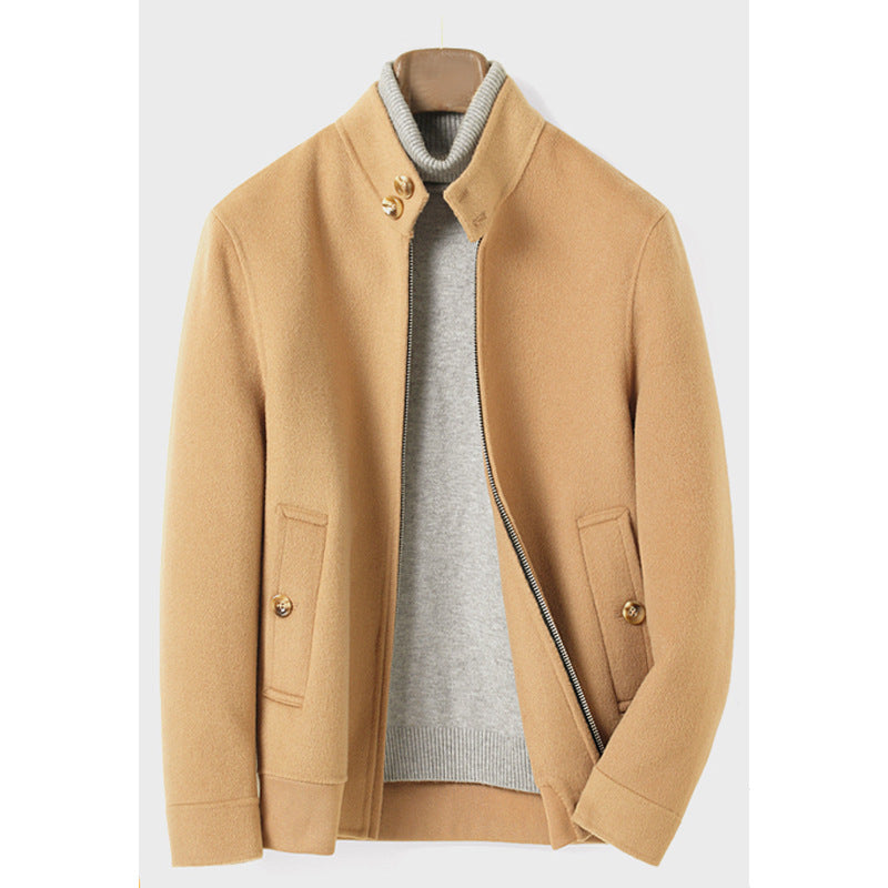 Herr Modern Ullblandning Blouson med Hög Ståkrage, Dold Dragkedja och Buttoned Fickor