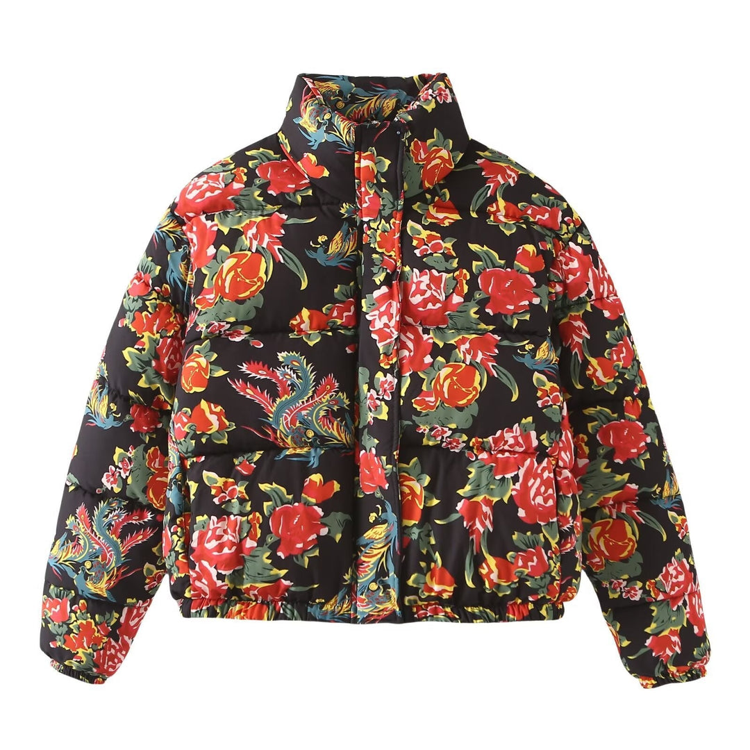 Dam Quiltad Vadderad Kort Jacka med Blommig Heltäckande Tryck och Ståkrage