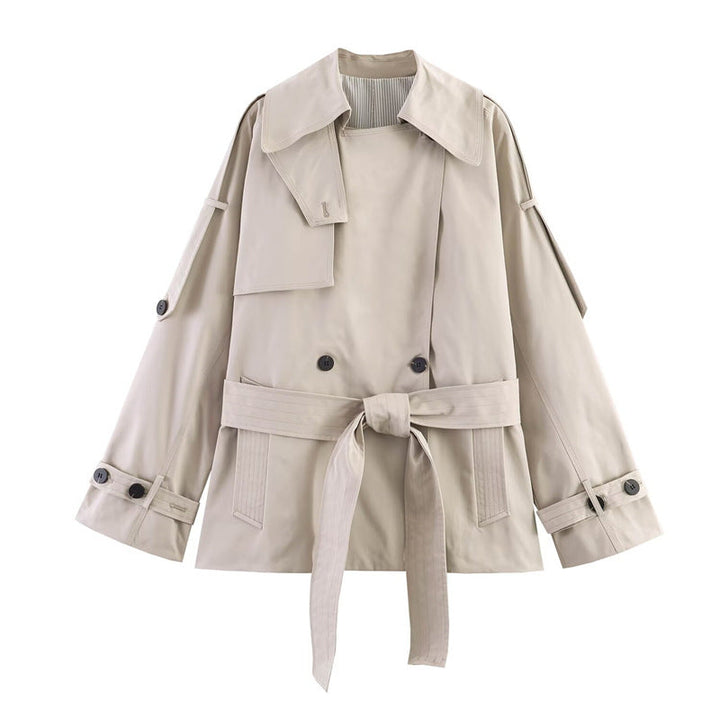 Dam kort skärning oversize trenchcoat med bälte och double-breasted knappslå