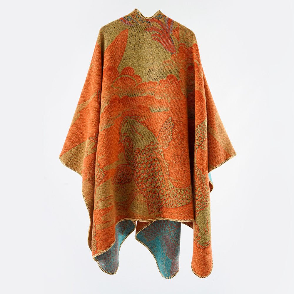 Dam Jacquard poncho med Fish Motif och Open Oversize skärning