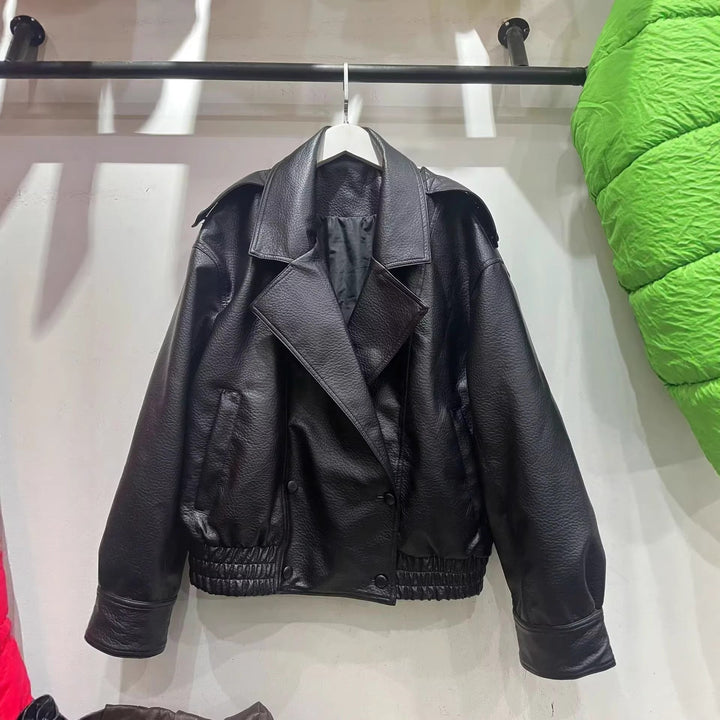 Dam cropped double-breasted konstläder blouson med bred krage och elastisk fåll