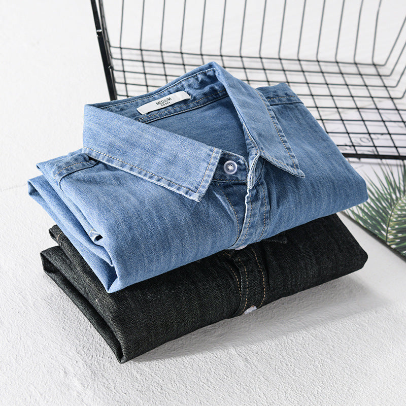Herr Washed-Denim Överskjorta i Ledig Passform med Bröstficka och Kontrasterande Stitching