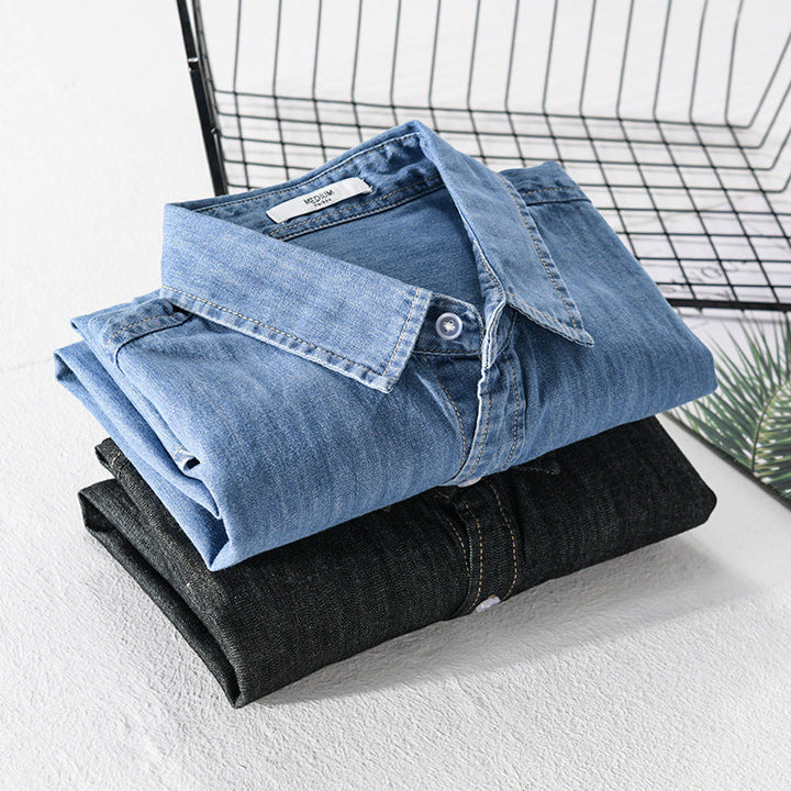 Herr Washed-Denim Överskjorta i Ledig Passform med Bröstficka och Kontrasterande Stitching