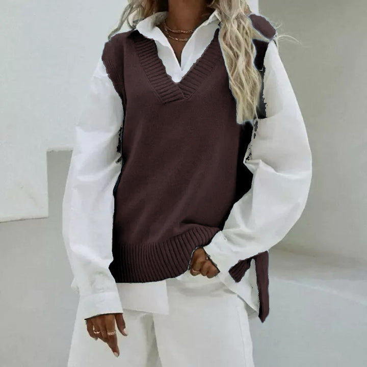 Dam Sleeveless stickad väst med V-Neck och Side Slits