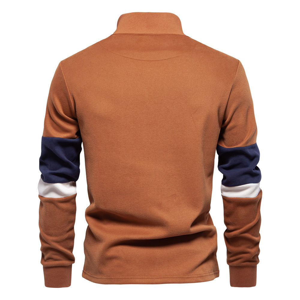 Herr Halv Dragkedja Pullover med Ståkrage, Randig Krage Inner Band och Contrast Ärmar