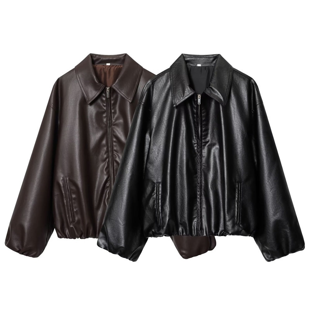 Dam kort skuren oversize blouse jacka gjord vegan läder med skjortkrage och elastic fåll