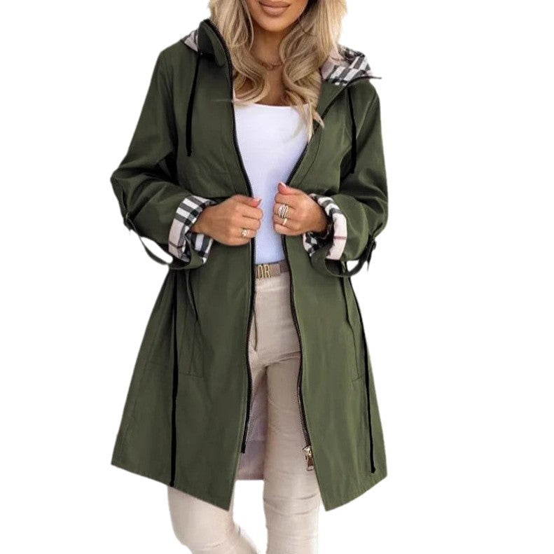 Dam figursydd regn parka med huva rutig lined inner krage och drawstring