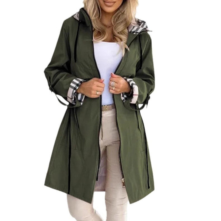 Dam figursydd regn parka med huva rutig lined inner krage och drawstring