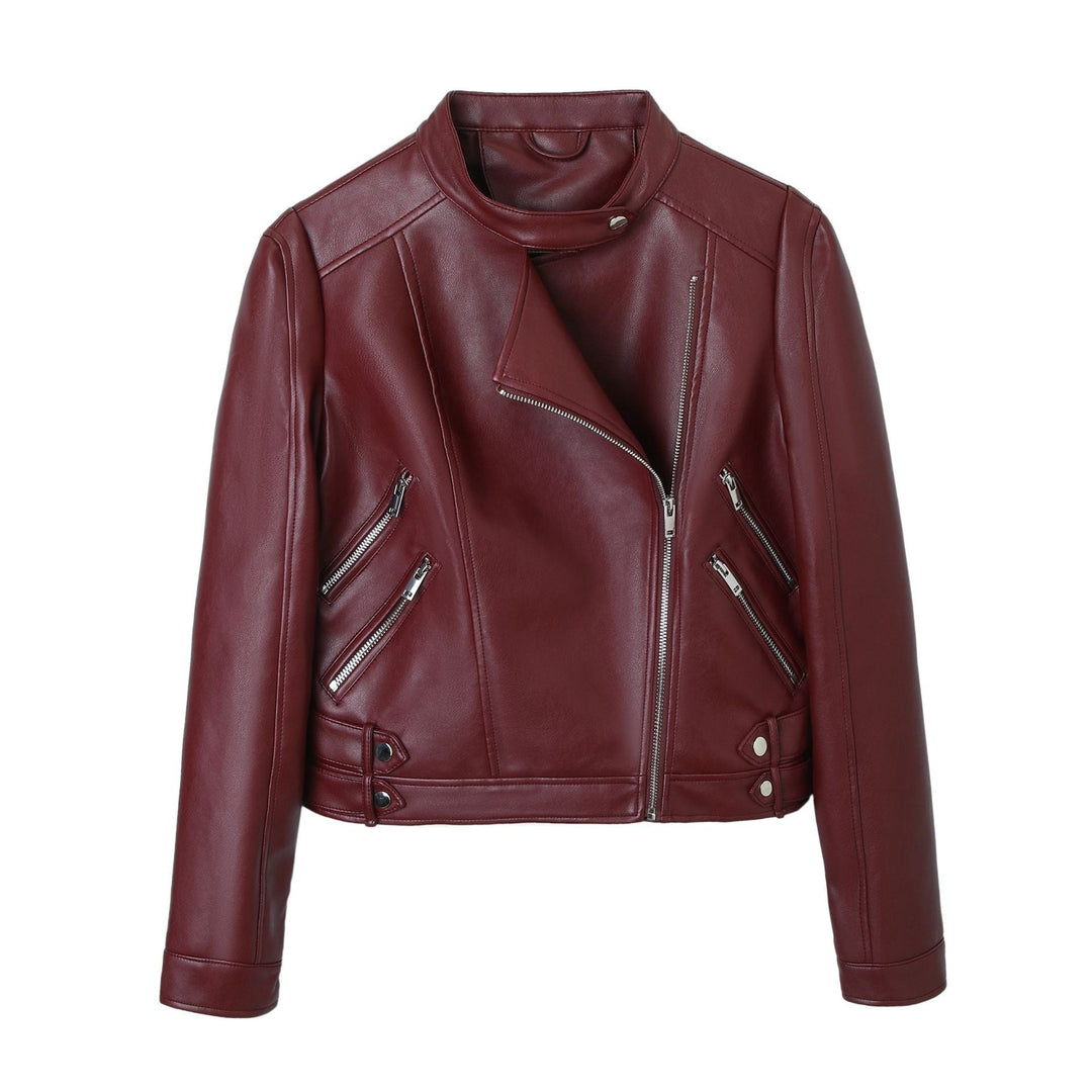 Dam motorcycle bikerjacka gjord konstläder med ståkrage, asymmetric dragkedja, och dekorativ pleats