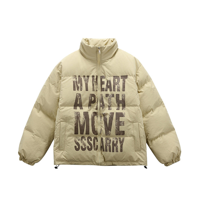 Unisex Oversized Vadderad Jacka med Hög Ståkrage och Statement Tryck