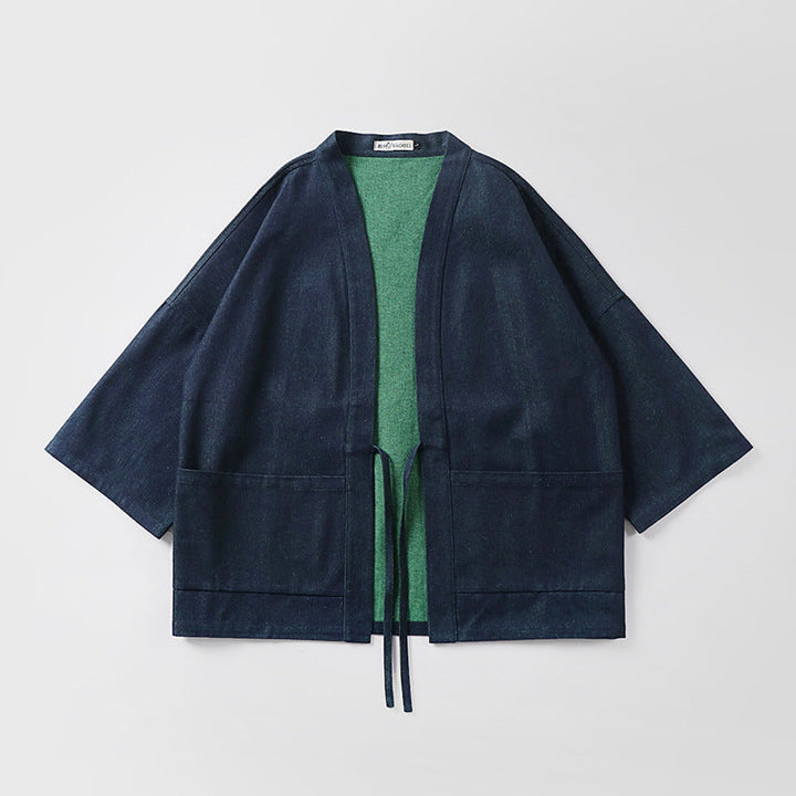 Unisex lös-fitting kimono jacka gjord bomull denim med tie och stor utanpåfickor