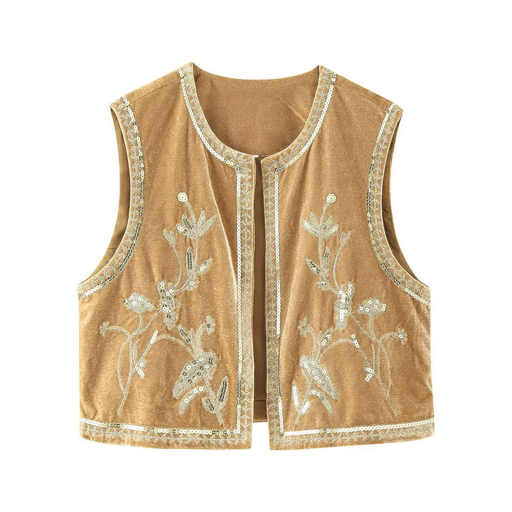 Dam embroidered velvet väst med sequin floral decoration, öppen front och decorative kant