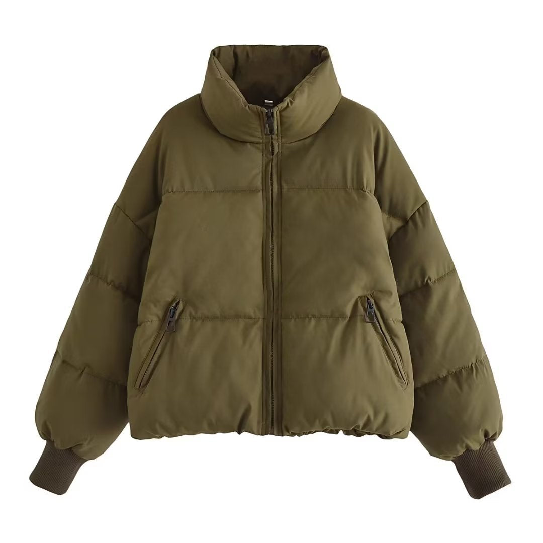 Dam kort kviltad Puffer med hög Standing krage och Ribbed muddar