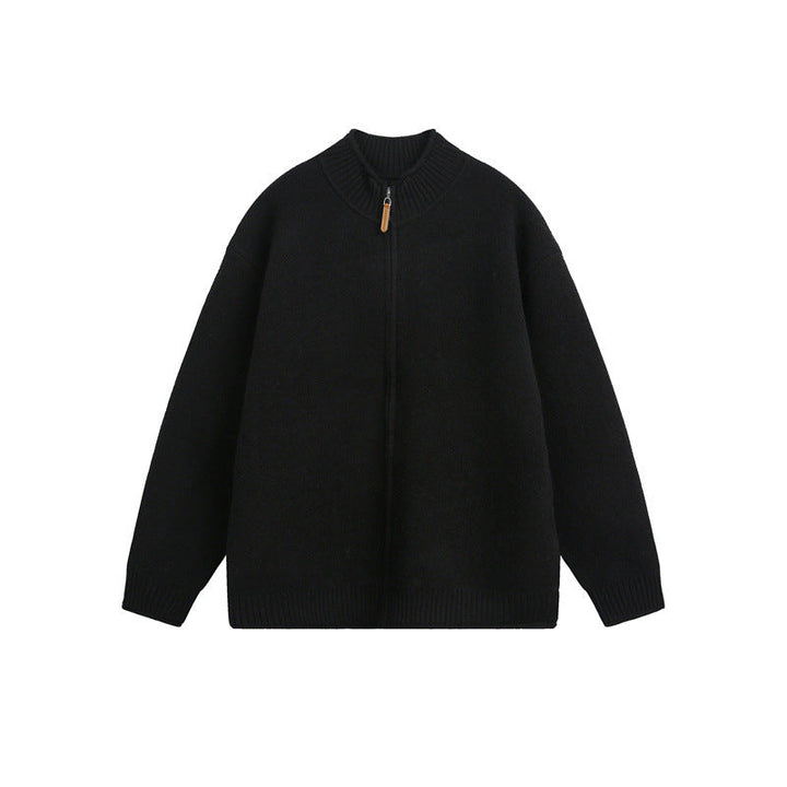 Unisex Stickad Dragkedja Jacka med Hög Ribbad Krage och Oversized Skärning