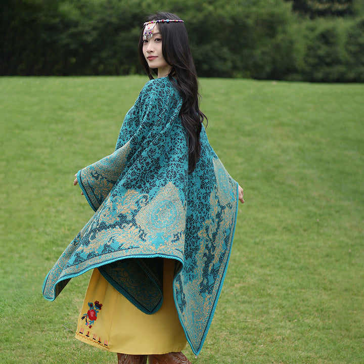 Dam Ornamental Jacquard capeponcho med Open Fall och Decorative Overlock Stitch