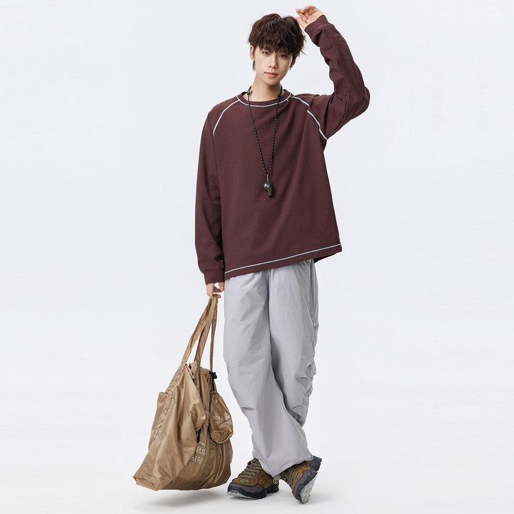 Herr Oversized Waffle Stickad College-Tröja med Round Neck, Raglanärmar och Contrast Sömmar