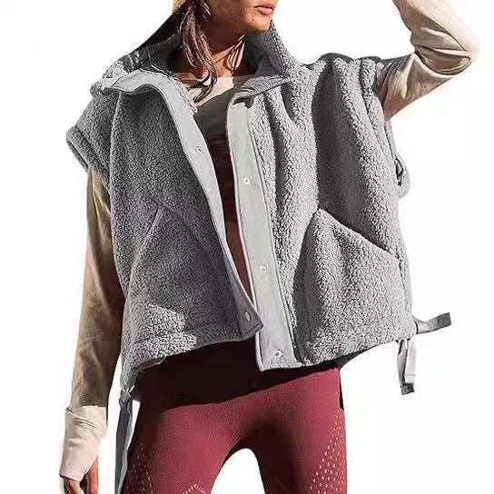 Dam oversize teddy fleece väst med huva och tryckknappar