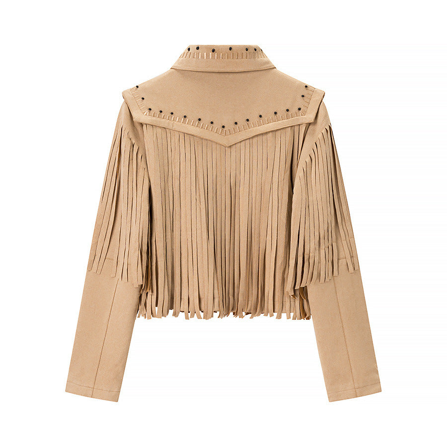 Dam kort fringe jacka i mockalook med studded accents