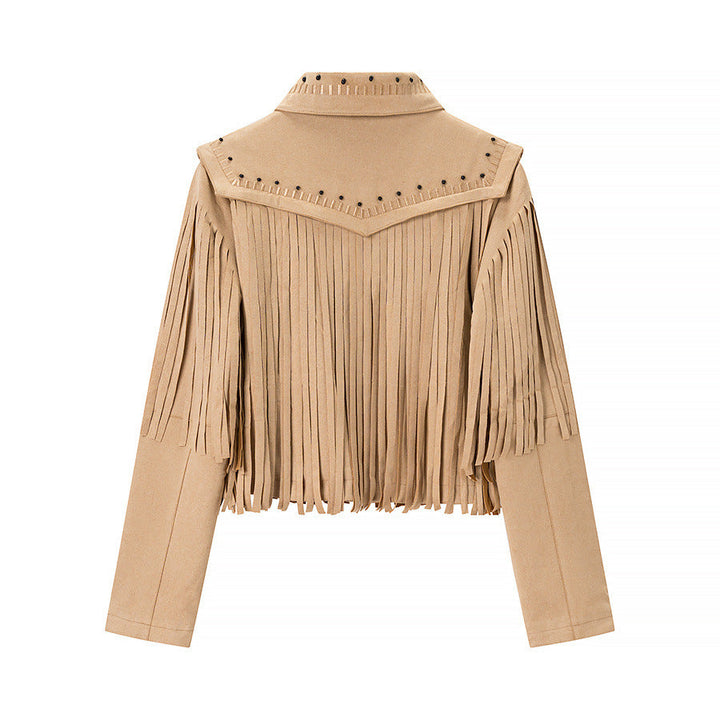 Dam kort fringe jacka i mockalook med studded accents