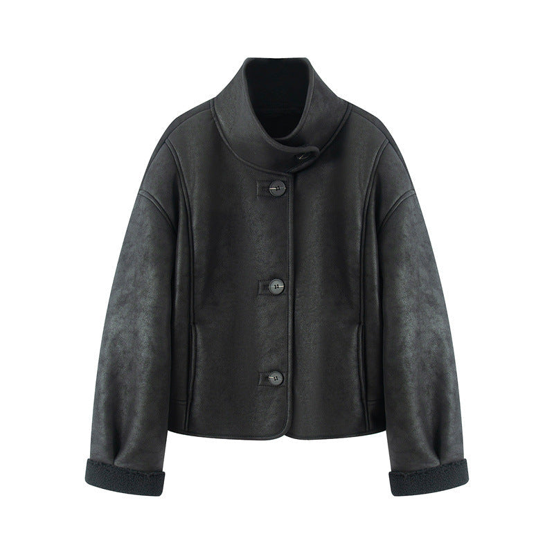 Dam kort lambskin look jacka med high ståkrage och buttoned front