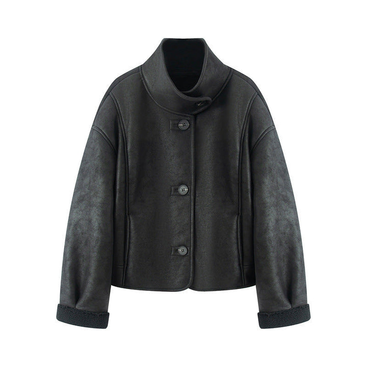 Dam kort lambskin look jacka med high ståkrage och buttoned front