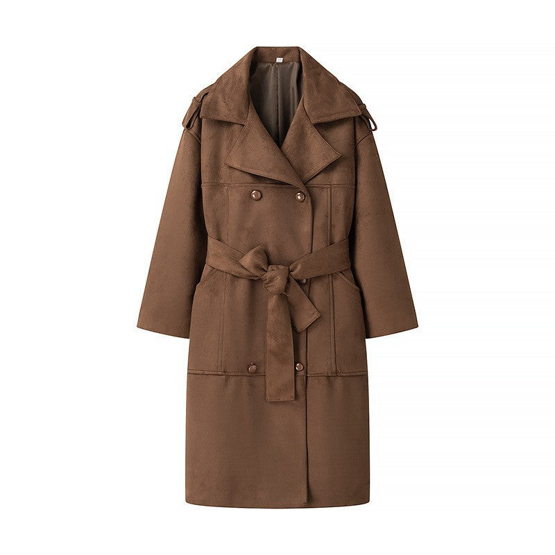 Dam Mid-length oversize trenchcoat gjord mocka look med double-breasted knappslå, shoulder epaulets och knytband