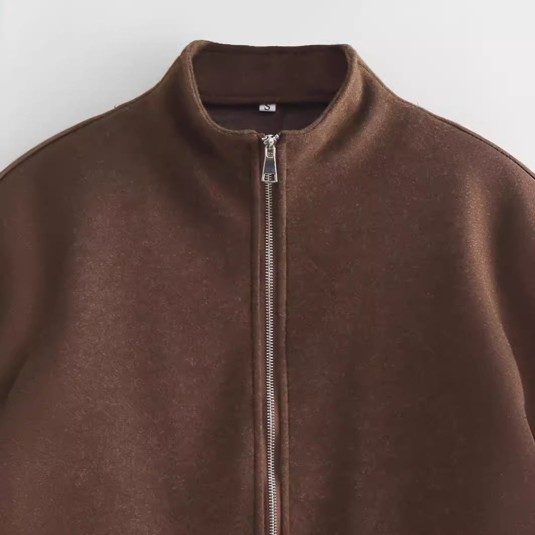 Dam kort-skärning ull-look dragkedja jacka med ståkrage och oversized ärmar