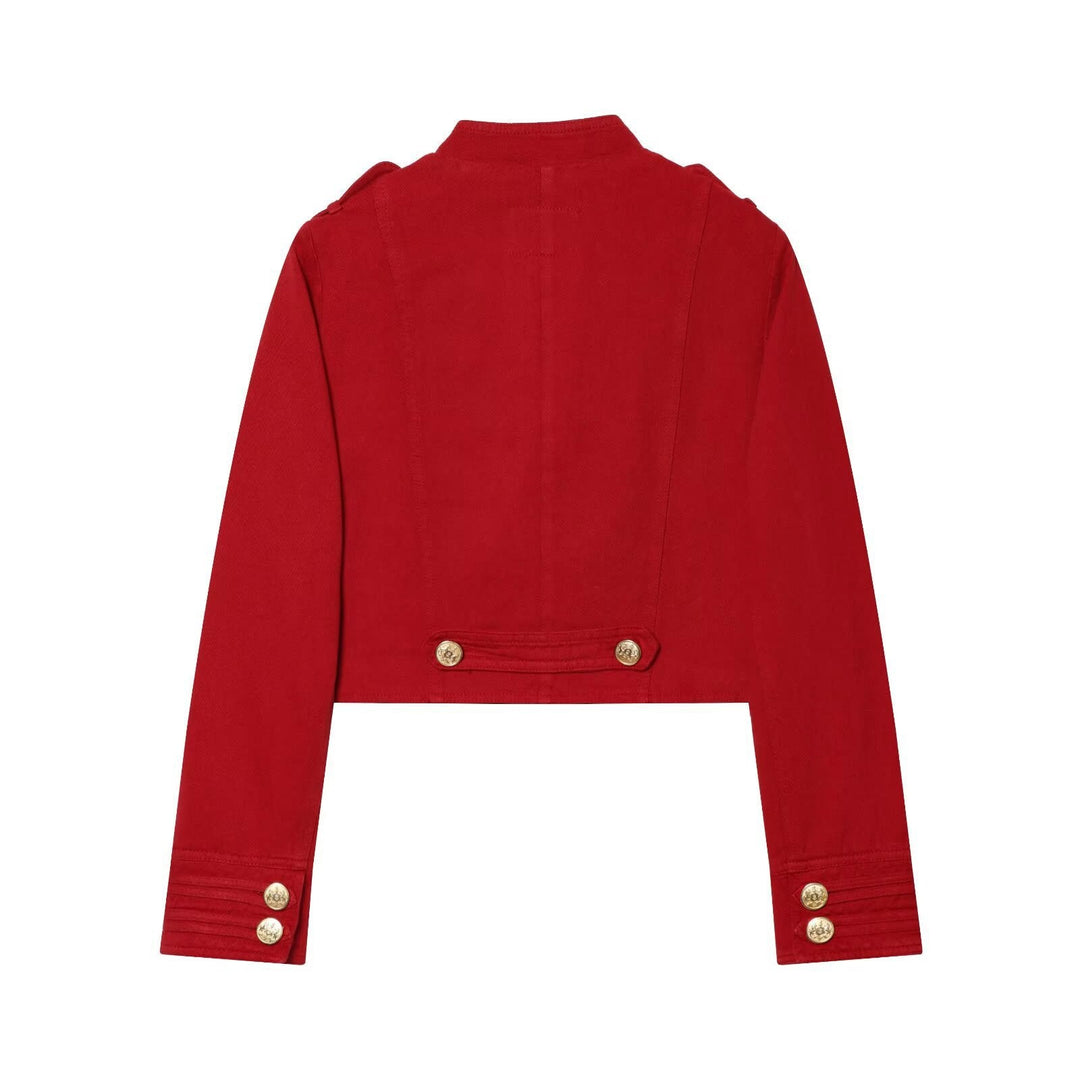 Dam Kort Military Blazer Jacka med Stå Krage och Golden Dekorativ Knappar