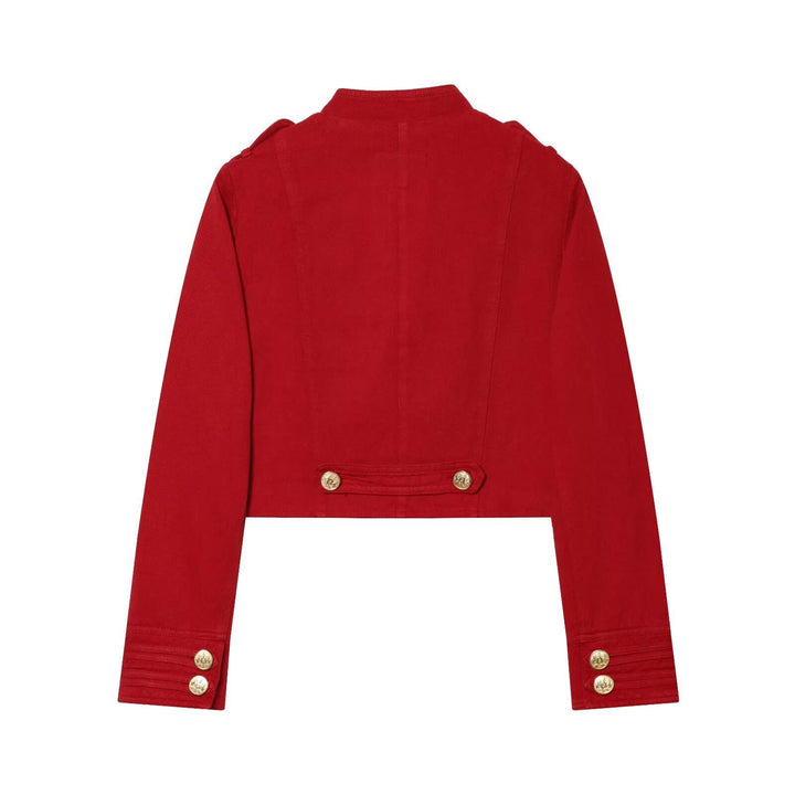 Dam Kort Military Blazer Jacka med Stå Krage och Golden Dekorativ Knappar