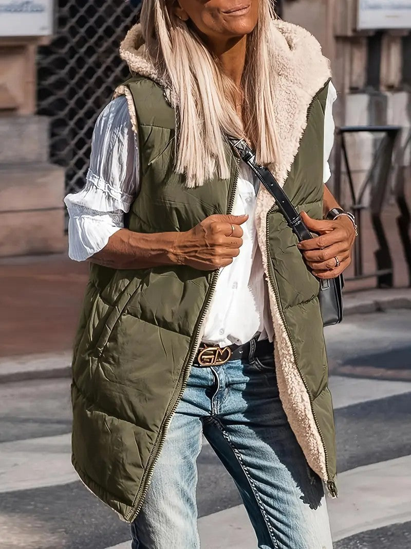 Dam vadderad Hooded väst med Teddy foder och sidofickor