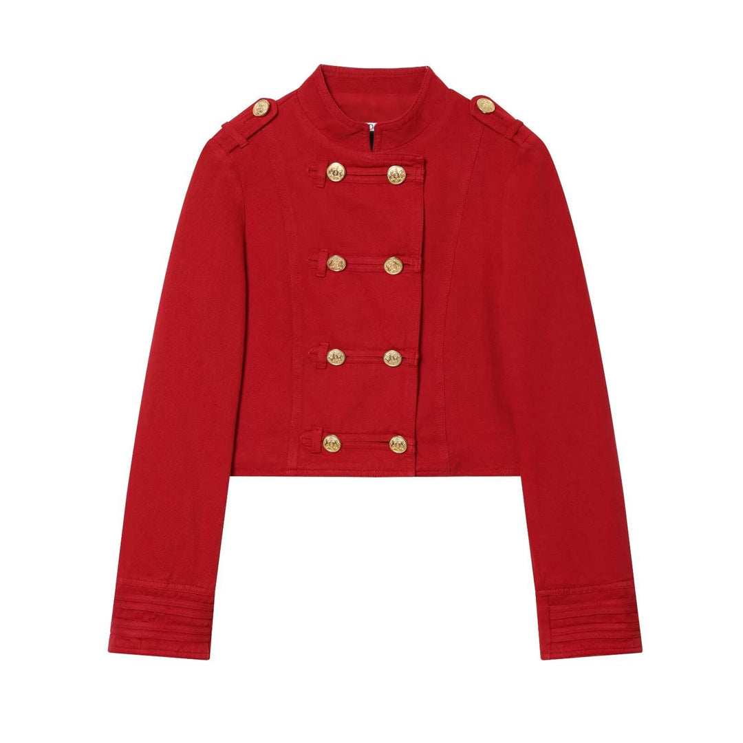 Dam Kort Militär-Inspired Jacka med Decorative Ornate Knappar