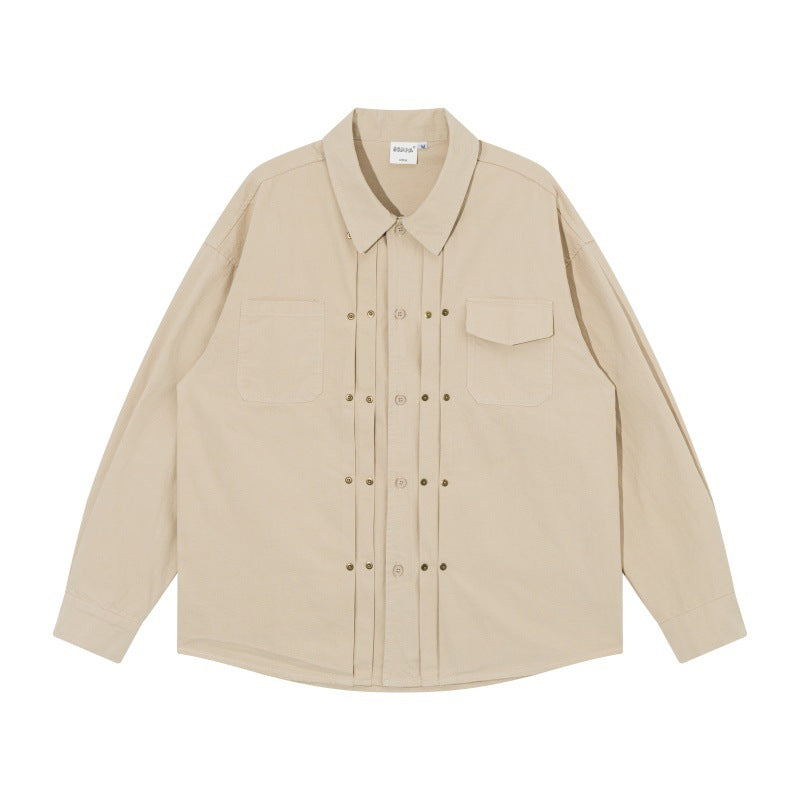 Herr oversize skjortjacka i Workwear Stil med Dekorativ Stitching och metall Rivets