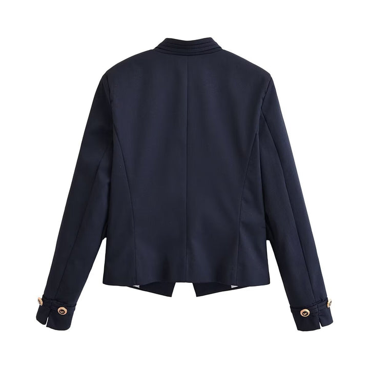 Dam Elegant Tailored Kort Jacka i Navy Stil med Stå Krage, Dekorativ Knapp Knäppning och Lock Fickor