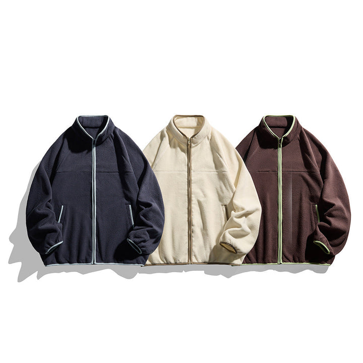 Unisex Oversized Fleece Jacka med Ståkrage, Hel-Length Dragkedja, och Contrast Piping