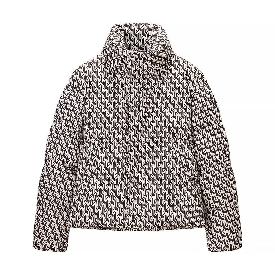 Dam kviltad jacka med hög krage och graphic jacquard mönster