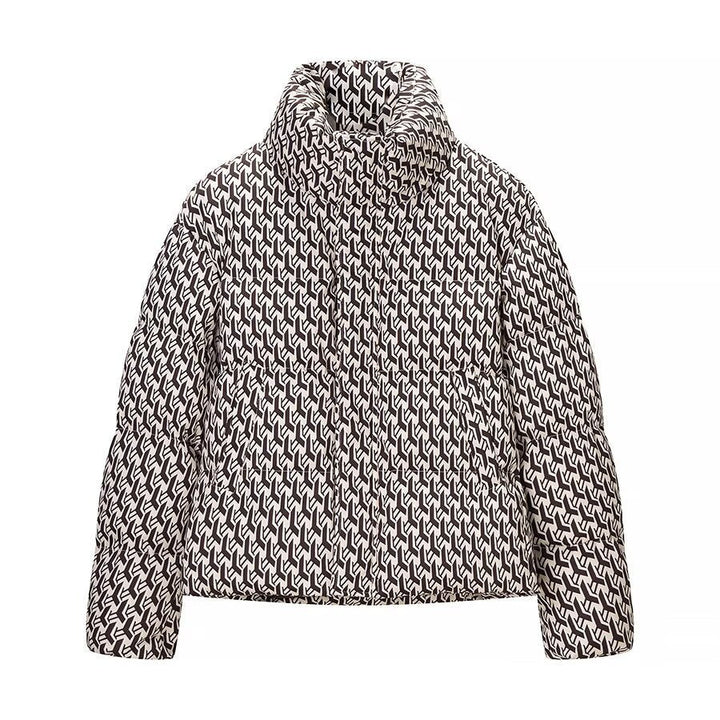 Dam kviltad jacka med hög krage och graphic jacquard mönster