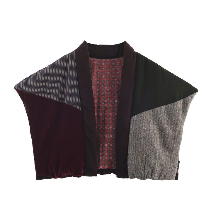 Dam Quiltad Patchwork Väst med Voluminous Sjalrakrage