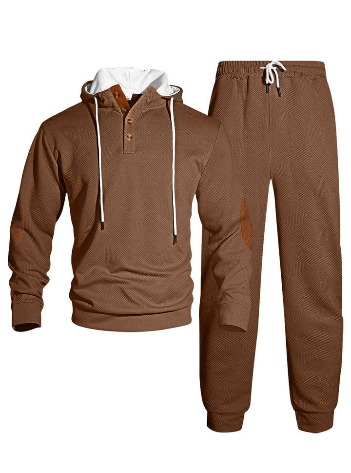 Herr Waffle Structure Henley Luvtröja Set med Wooden Knapplist Elbow Lappar och Tapered Joggingbyxor