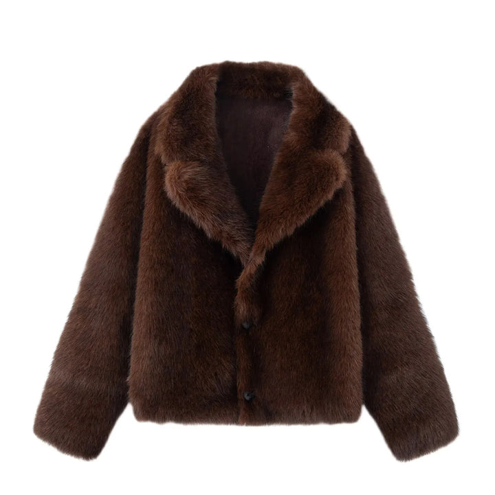 Dam nano kort sheepskin-look jacka med voluminous sjalkrage och concealed knäppning