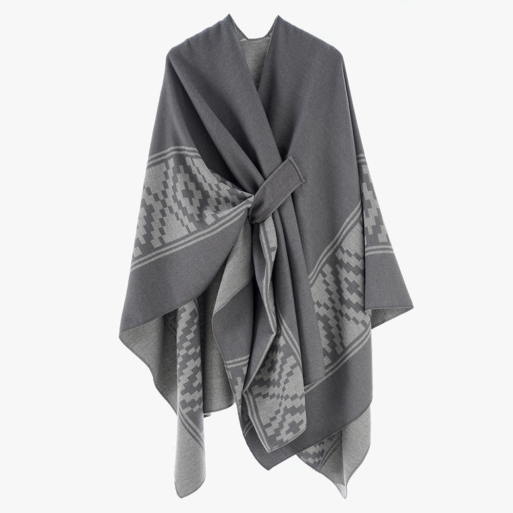Dam Jacquard Ruana med TIE bälte och geometric mönster