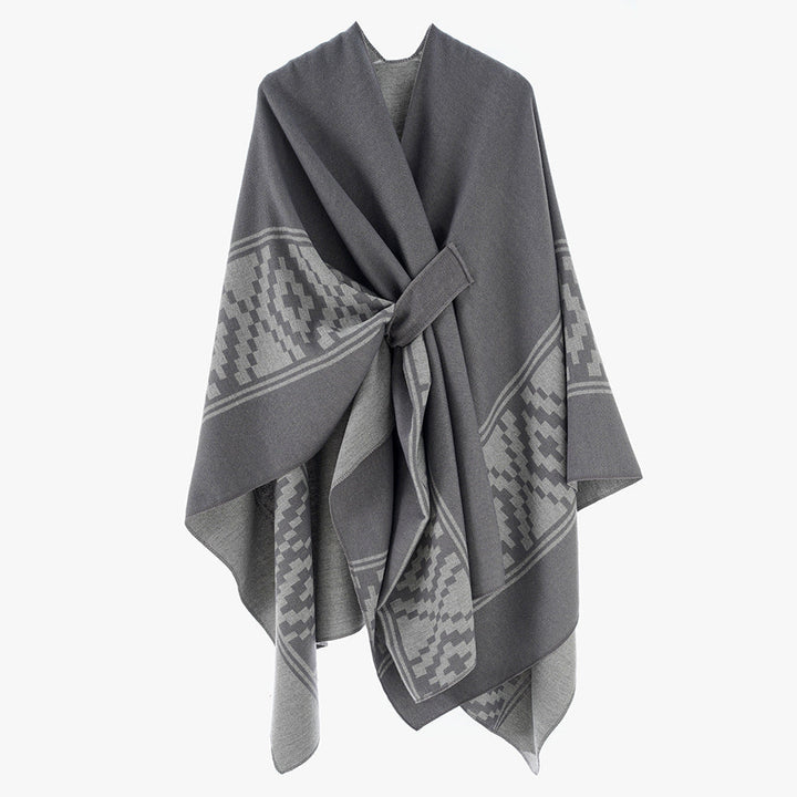Dam Jacquard Ruana med TIE bälte och geometric mönster