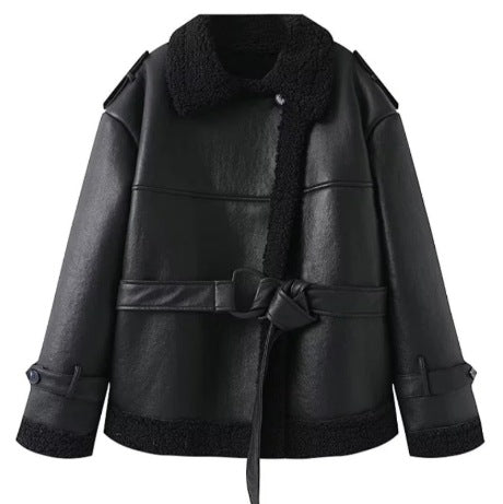Dam 600+ Kort Jacka i Aviator Stil med Faux Fur Foder och Tie Belt