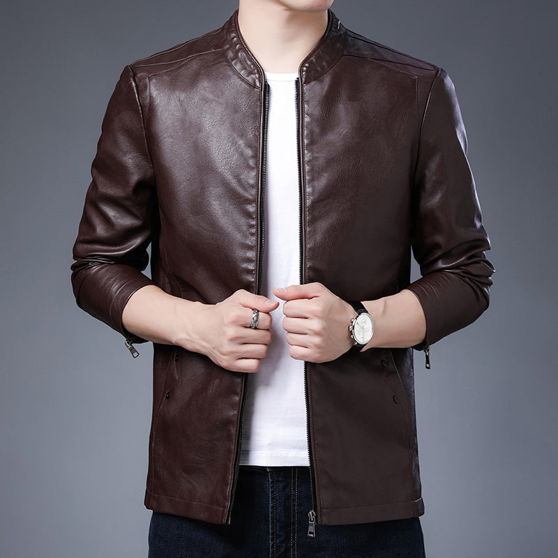 Herr Smal Leather-Look Blouson i Aviator Minimal Stil med Stående Krage och Zippered Ärmar