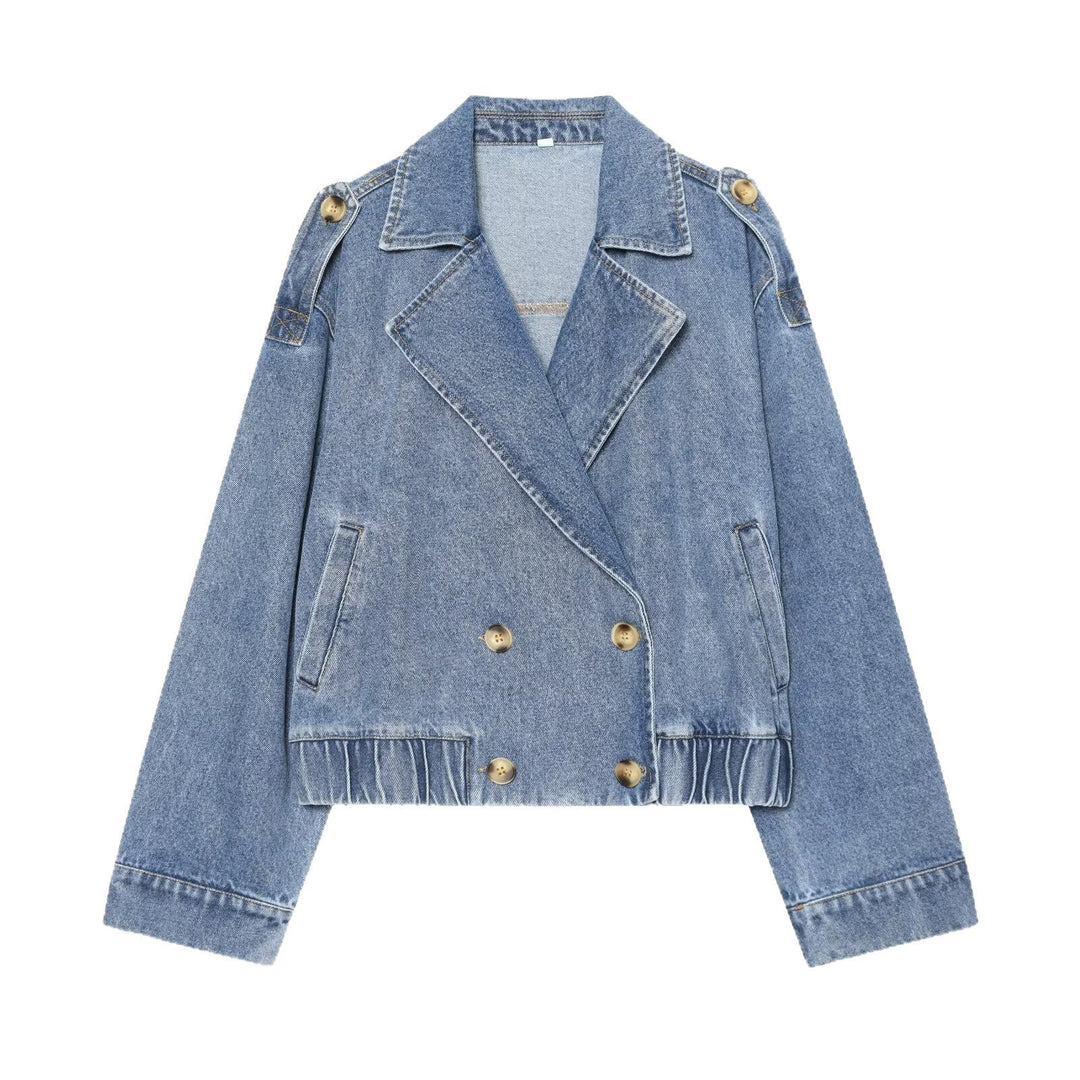 Dam Kort Denimjacka i Trench Stil med Double-Breasted Knapp Knäppning och Epaulettes